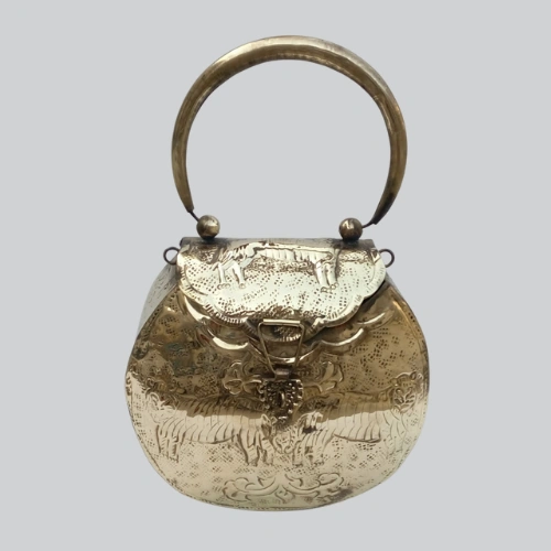 Antique Round Brass Engraved Metal Clutch with Matching Chain